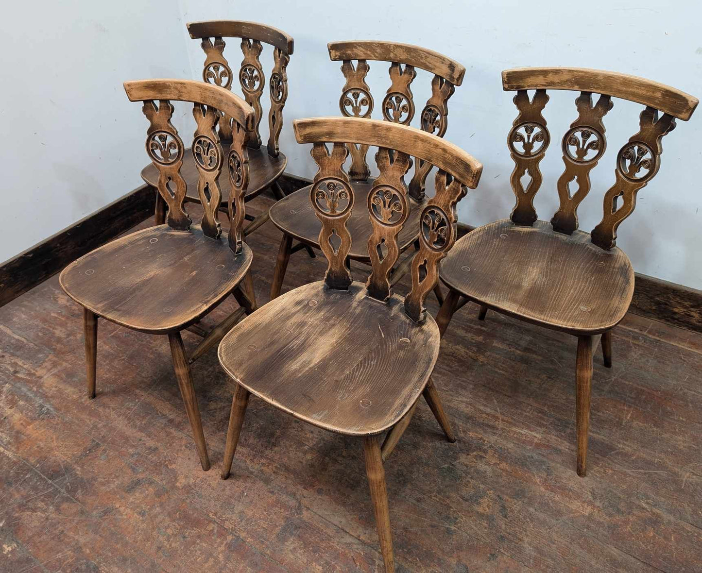 Set of Five Unique Carved Wooden Chairs