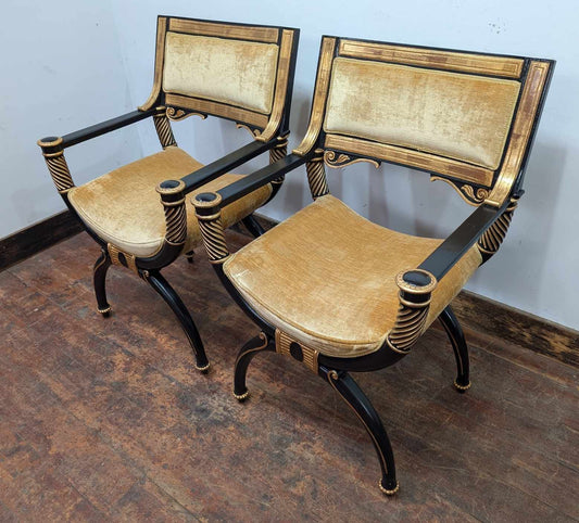 Pair of Vintage Upholstered Wooden Armchairs in Gold-Black Hollywood Art Deco Style