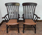 Pair of High Back Slat Back Wooden Armchairs with Tan Leather Upholstered Seats