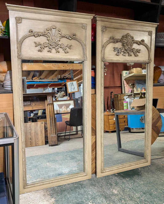 Pair of Large Rectangular Wood Framed Mirrors with Floral Carvings