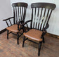 Pair of High Back Slat Back Wooden Armchairs with Tan Leather Upholstered Seats