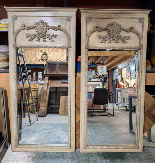 Pair of Large Rectangular Wood Framed Mirrors with Floral Carvings