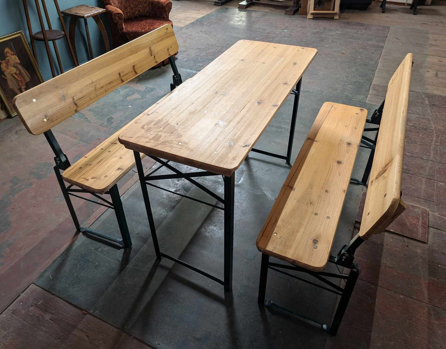 Pine Table and Two Backed Benches with Foldable Green Steel Frames