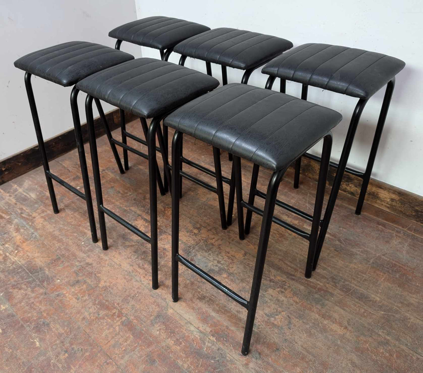 Set of Six Metal Bar Stools with Charcoal Leather Tops