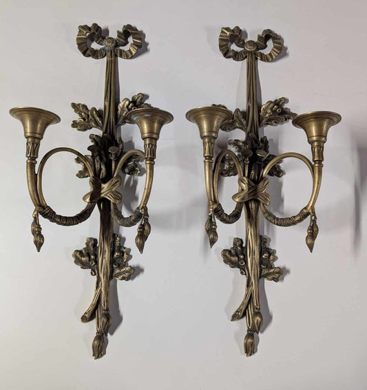 Pair of Vintage Solid Brass Wall Mounted Twin Candle Sconces