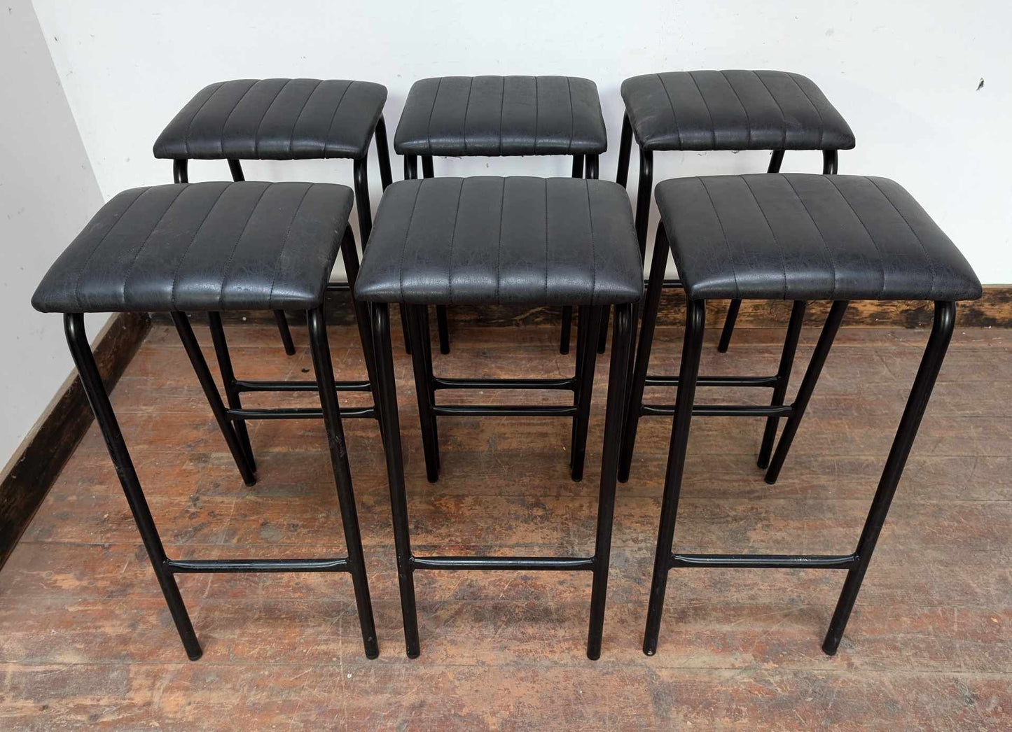 Set of Six Metal Bar Stools with Charcoal Leather Tops