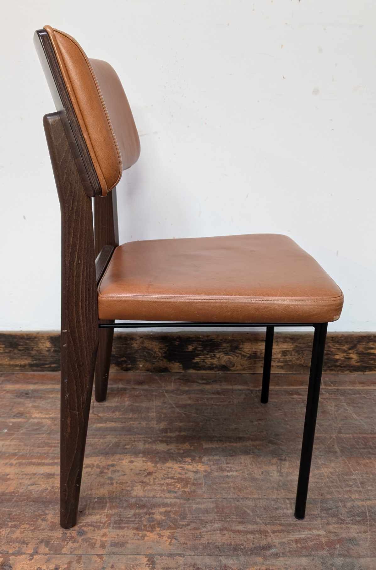 Set of Eight Tan Leather Dining Chairs with Mixed Wood/Metal Frames