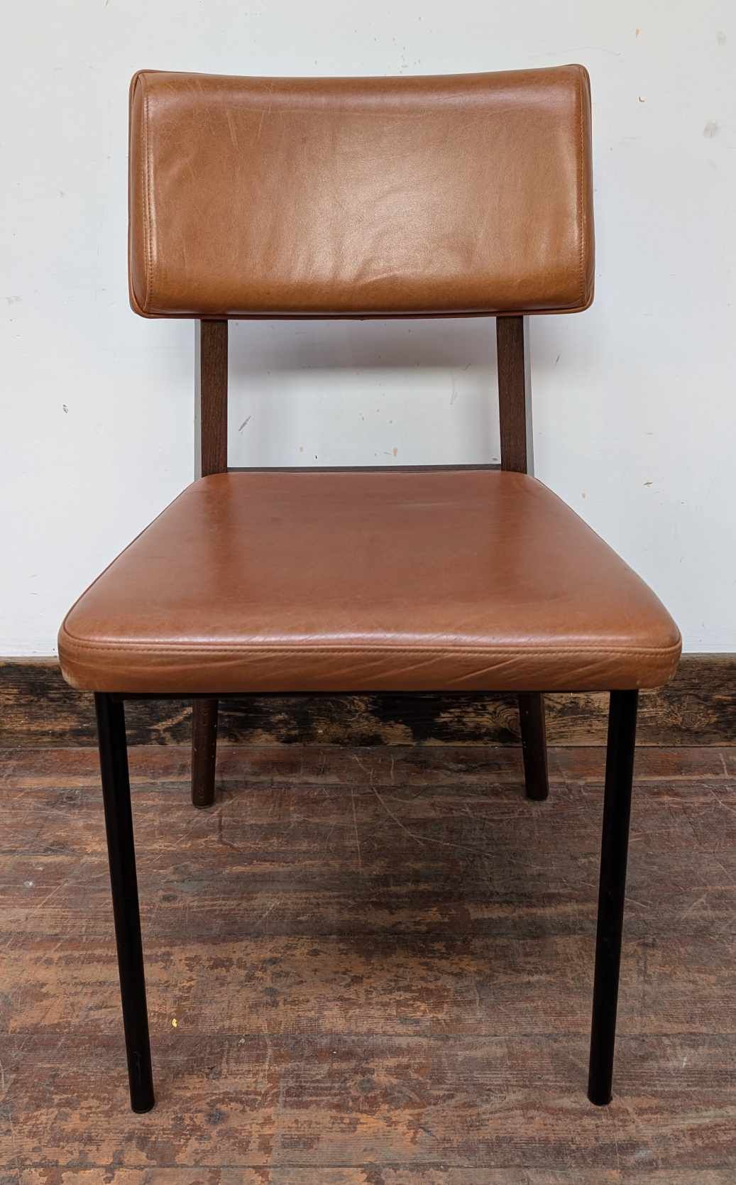 Set of Eight Tan Leather Dining Chairs with Mixed Wood/Metal Frames