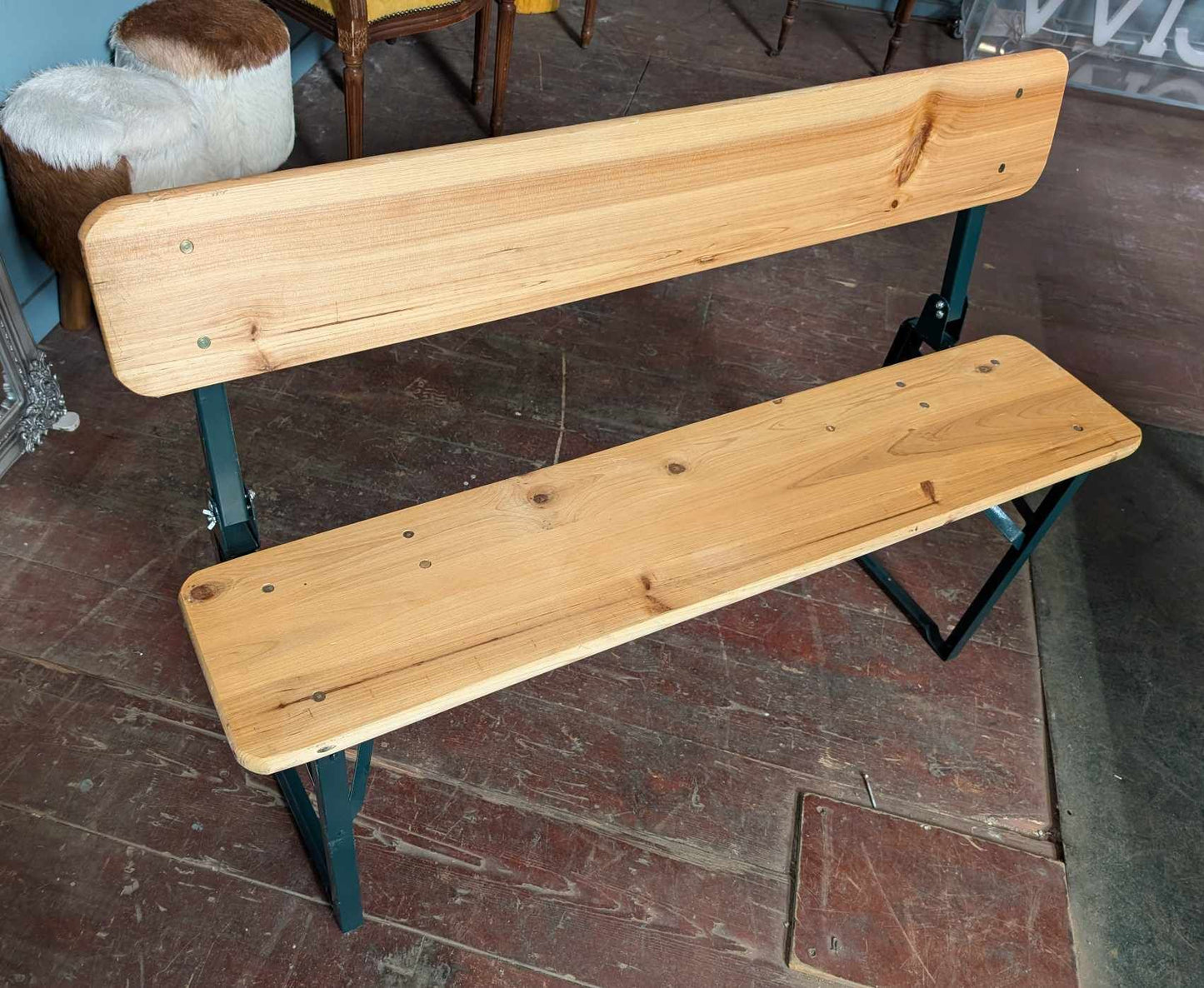 Pine Table and Two Backed Benches with Foldable Green Steel Frames