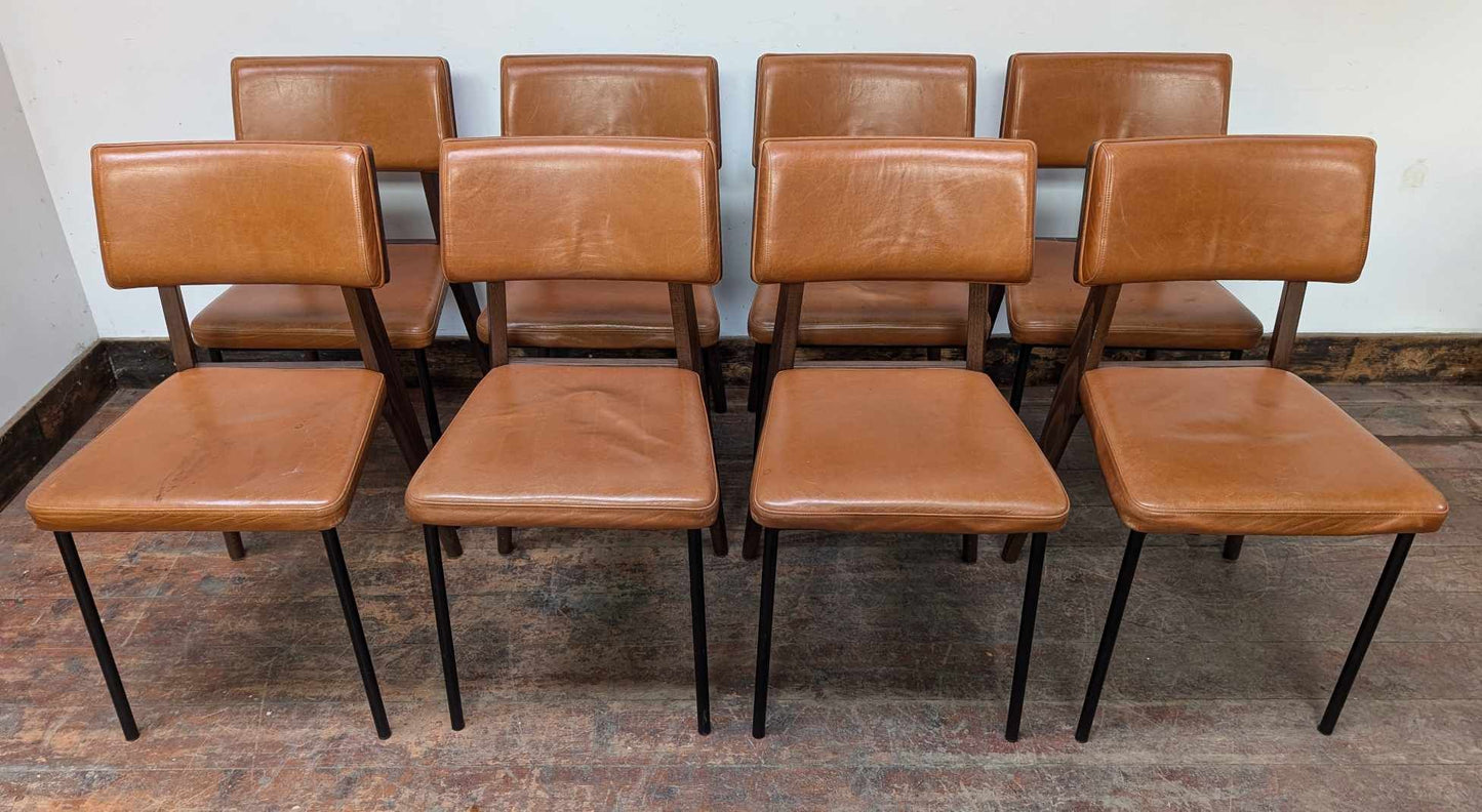 Set of Eight Tan Leather Dining Chairs with Mixed Wood/Metal Frames