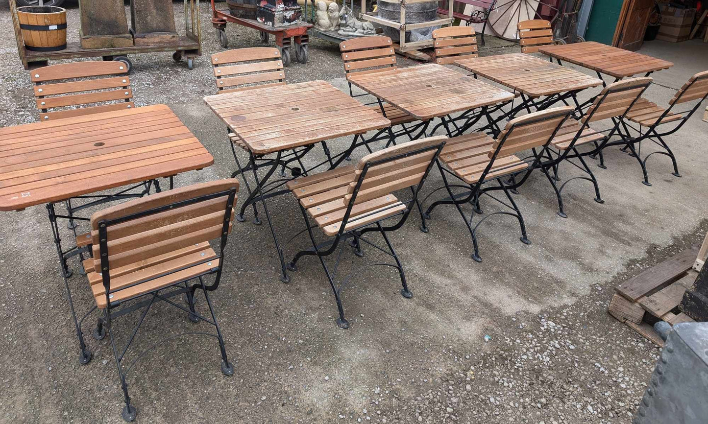 Set of Five Teak Folding Tables with Ten Folding Chairs / Metal Frames / Outdoor