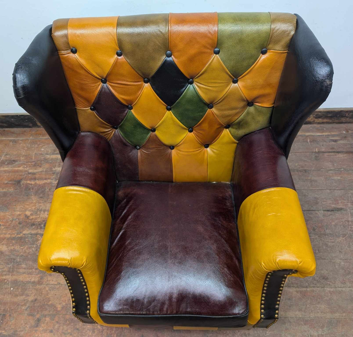 Tan Leather Wingback Armchair with Multicolour Diamond Pattern