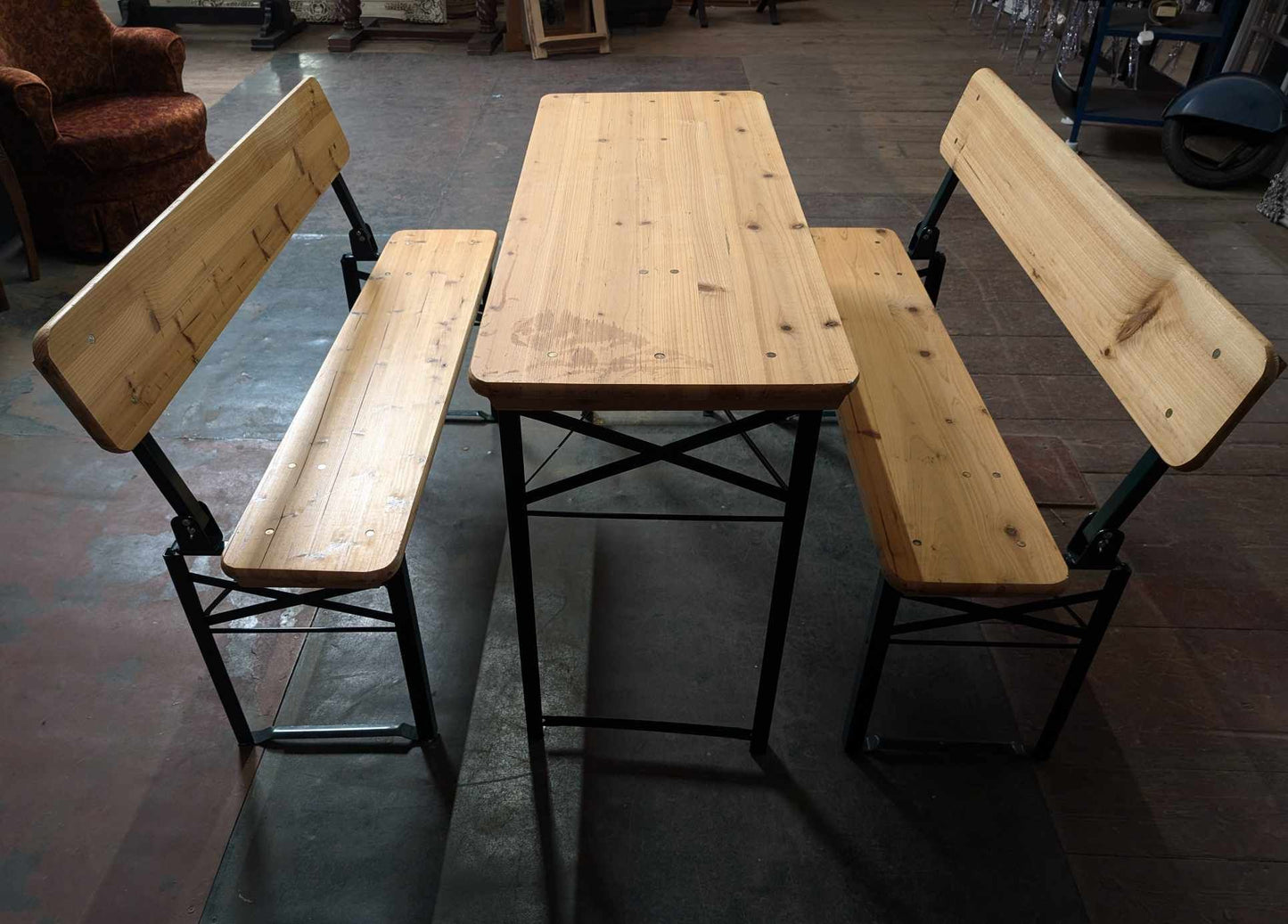 Pine Table and Two Backed Benches with Foldable Green Steel Frames