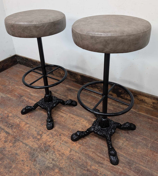 Pair of Cast Iron Bar Stools with Round Grey Vegan Leather Tops