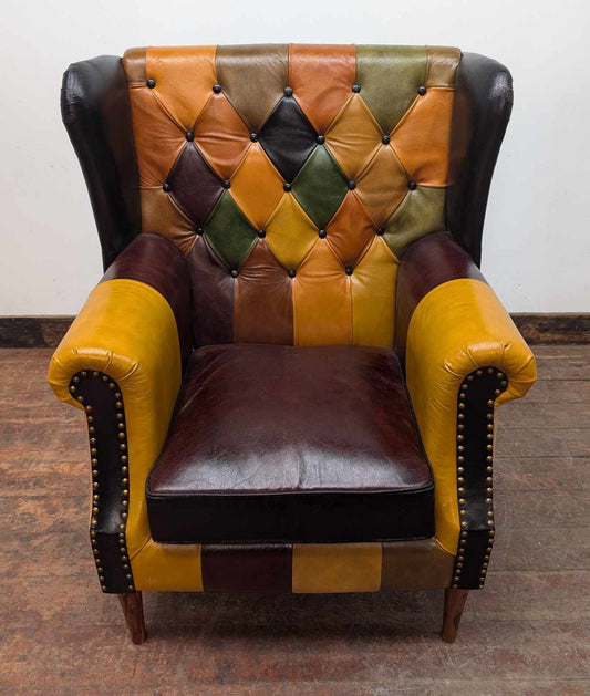 Tan Leather Wingback Armchair with Multicolour Diamond Pattern