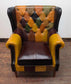 Tan Leather Wingback Armchair with Multicolour Diamond Pattern