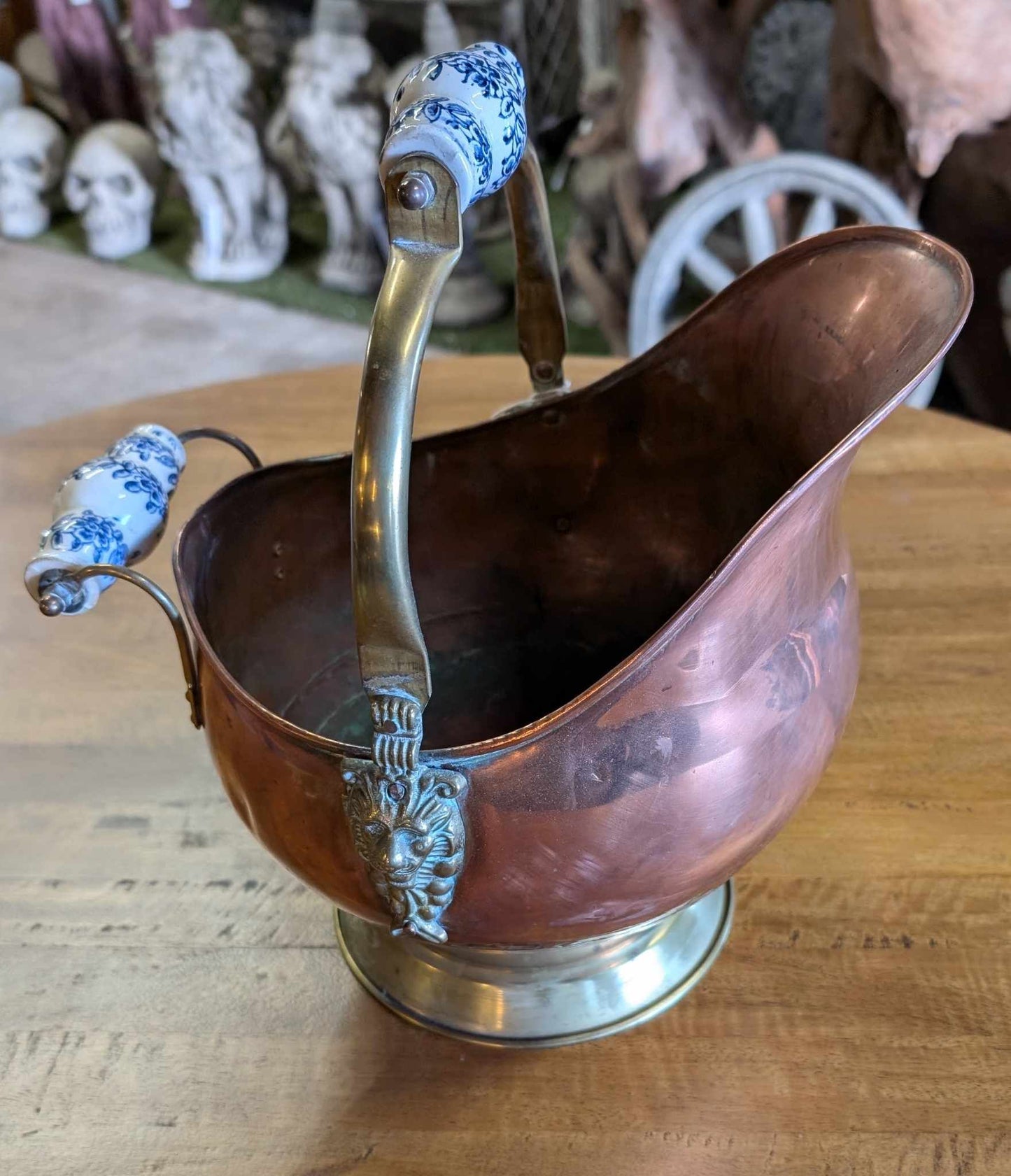 Antique Small Copper Coal Scuttle with Porcelain Handles