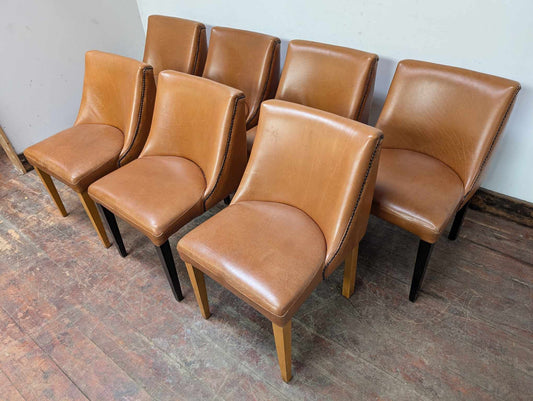 Set of Seven Tan Leather Dining Chairs with Dark and Light Wood Frames