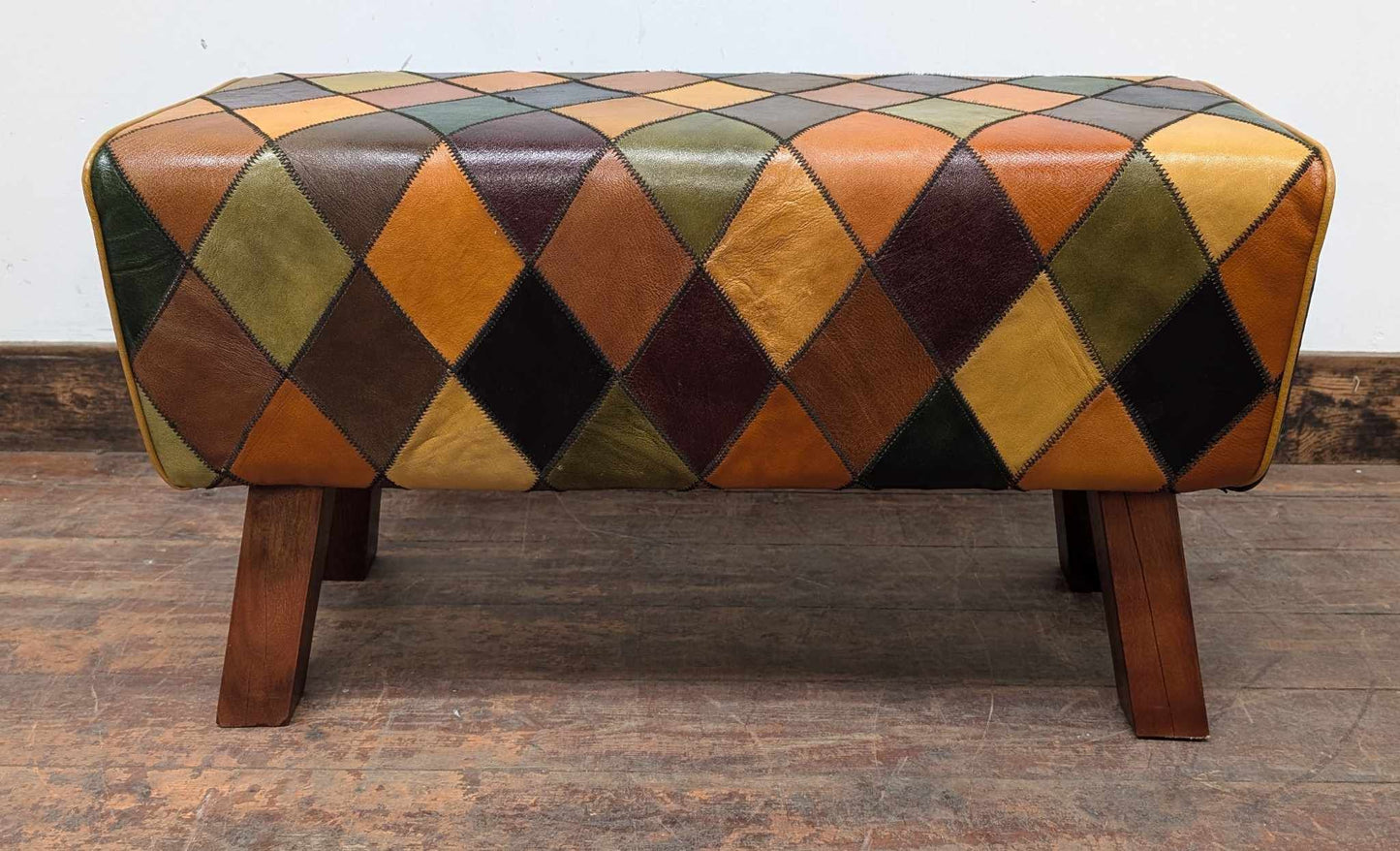 Tan Leather Pommel Bench with Multicolour Diamond Pattern