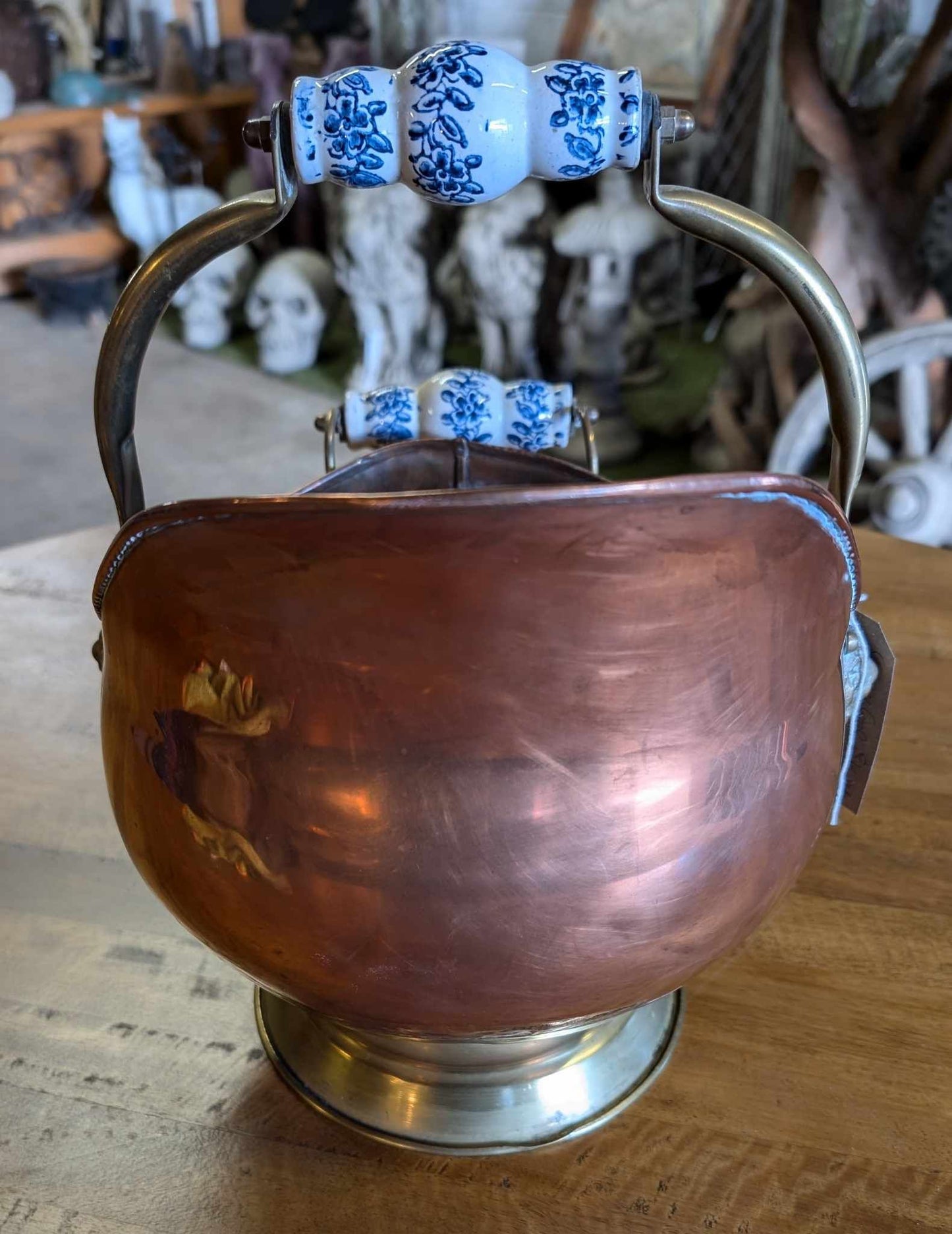 Antique Small Copper Coal Scuttle with Porcelain Handles