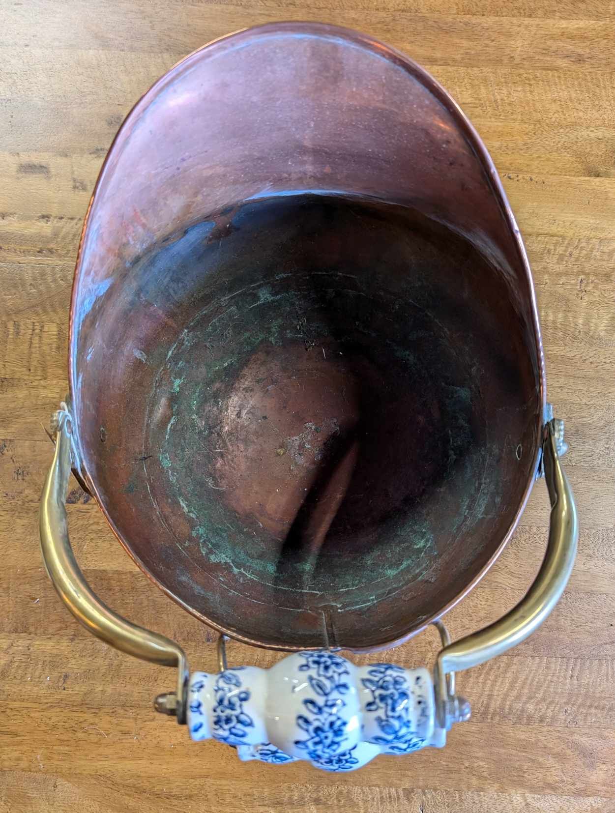 Antique Small Copper Coal Scuttle with Porcelain Handles