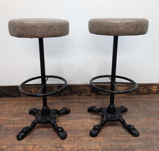 Pair of Cast Iron Bar Stools with Round Grey Vegan Leather Tops