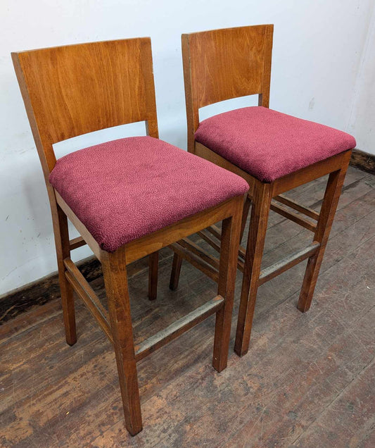 Pair of Light Wood Bar Stools with Raspberry Pink Upholstered Seats