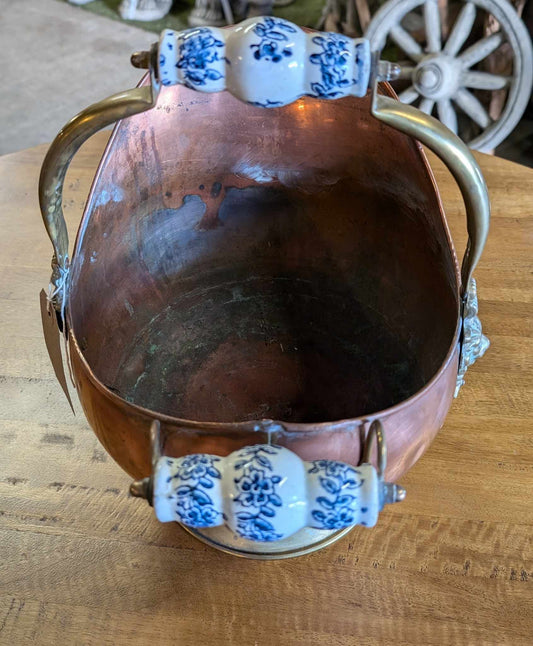 Antique Small Copper Coal Scuttle with Porcelain Handles