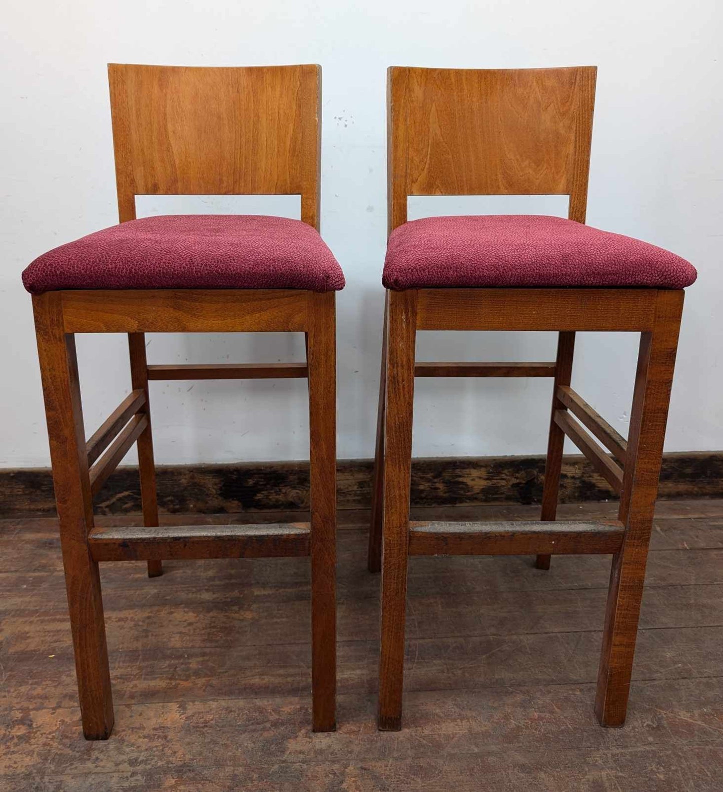 Pair of Light Wood Bar Stools with Raspberry Pink Upholstered Seats