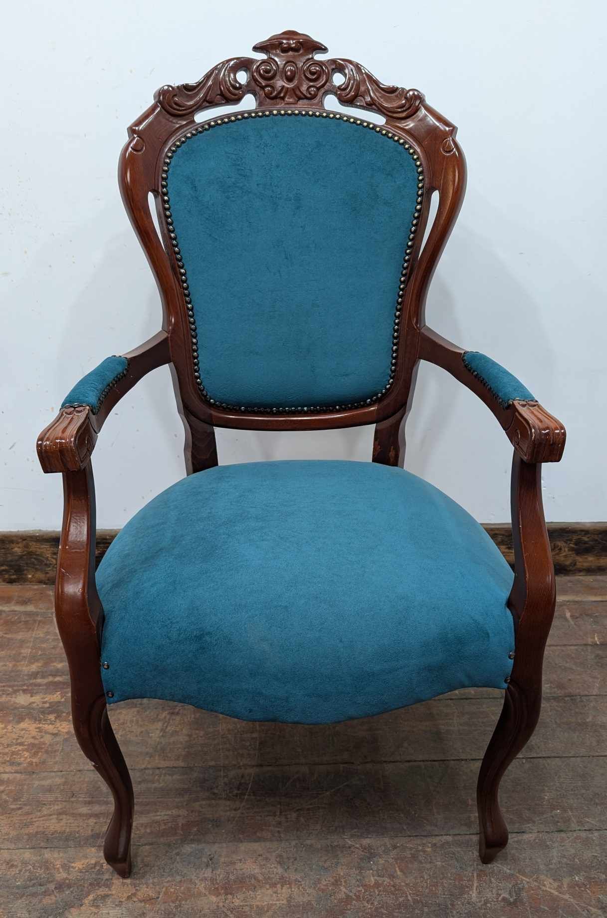 Mahogany Teal Upholstered Dining Armchair with Brass Beading