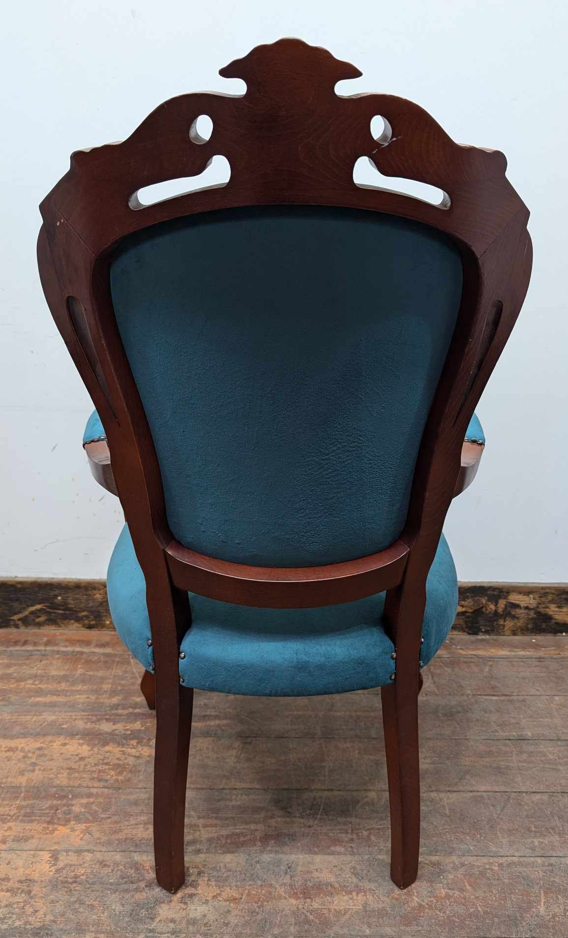 Mahogany Teal Upholstered Dining Armchair with Brass Beading