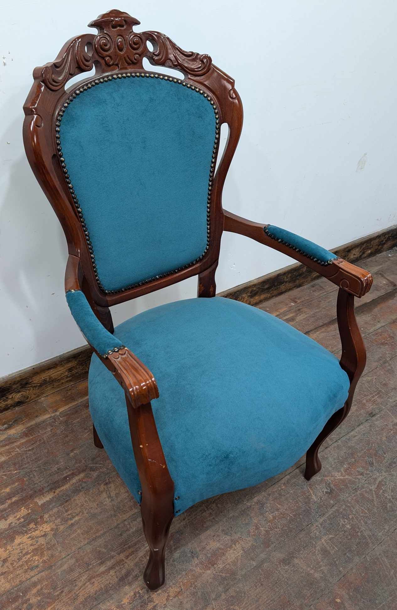 Mahogany Teal Upholstered Dining Armchair with Brass Beading