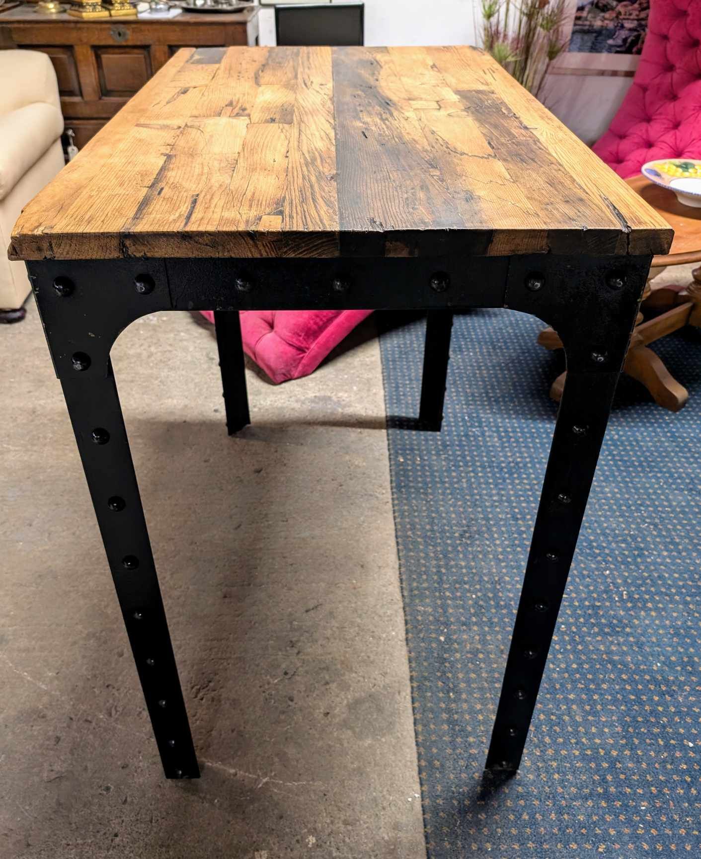 Industrial Poseur Table with Studded Black Steel Frame and Wood Top