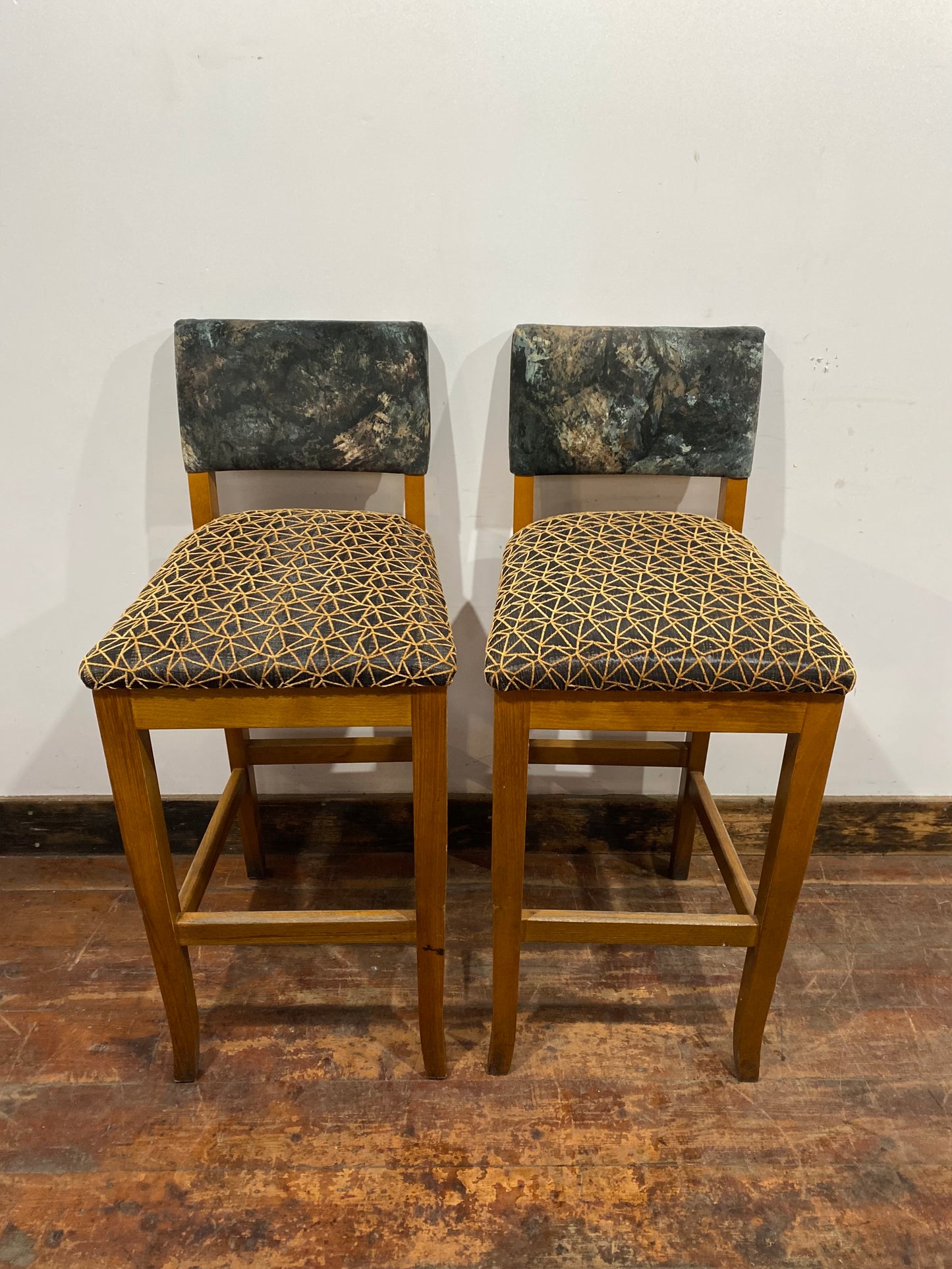 2 x patterned bar stools in solid wood