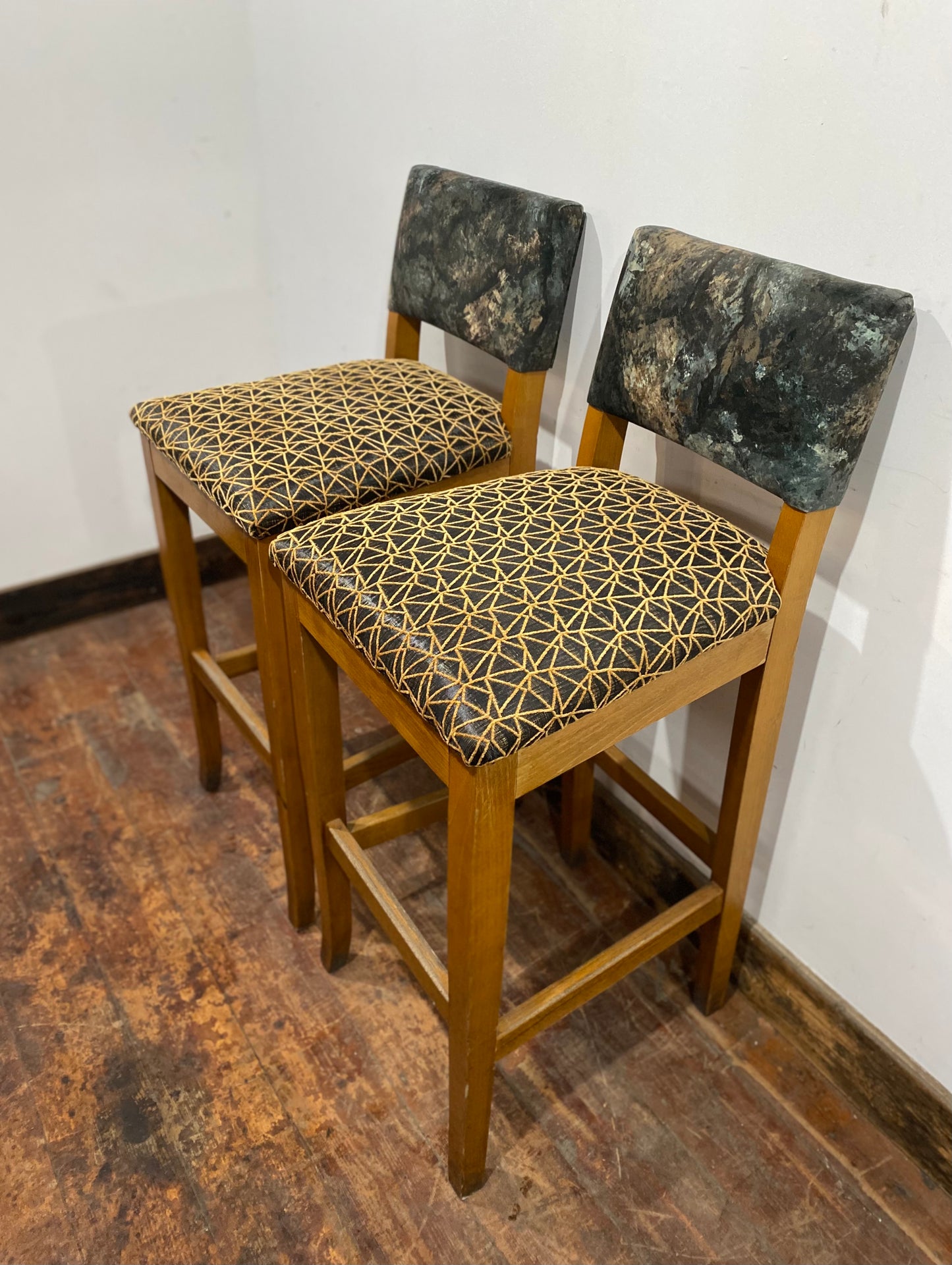 2 x patterned bar stools in solid wood