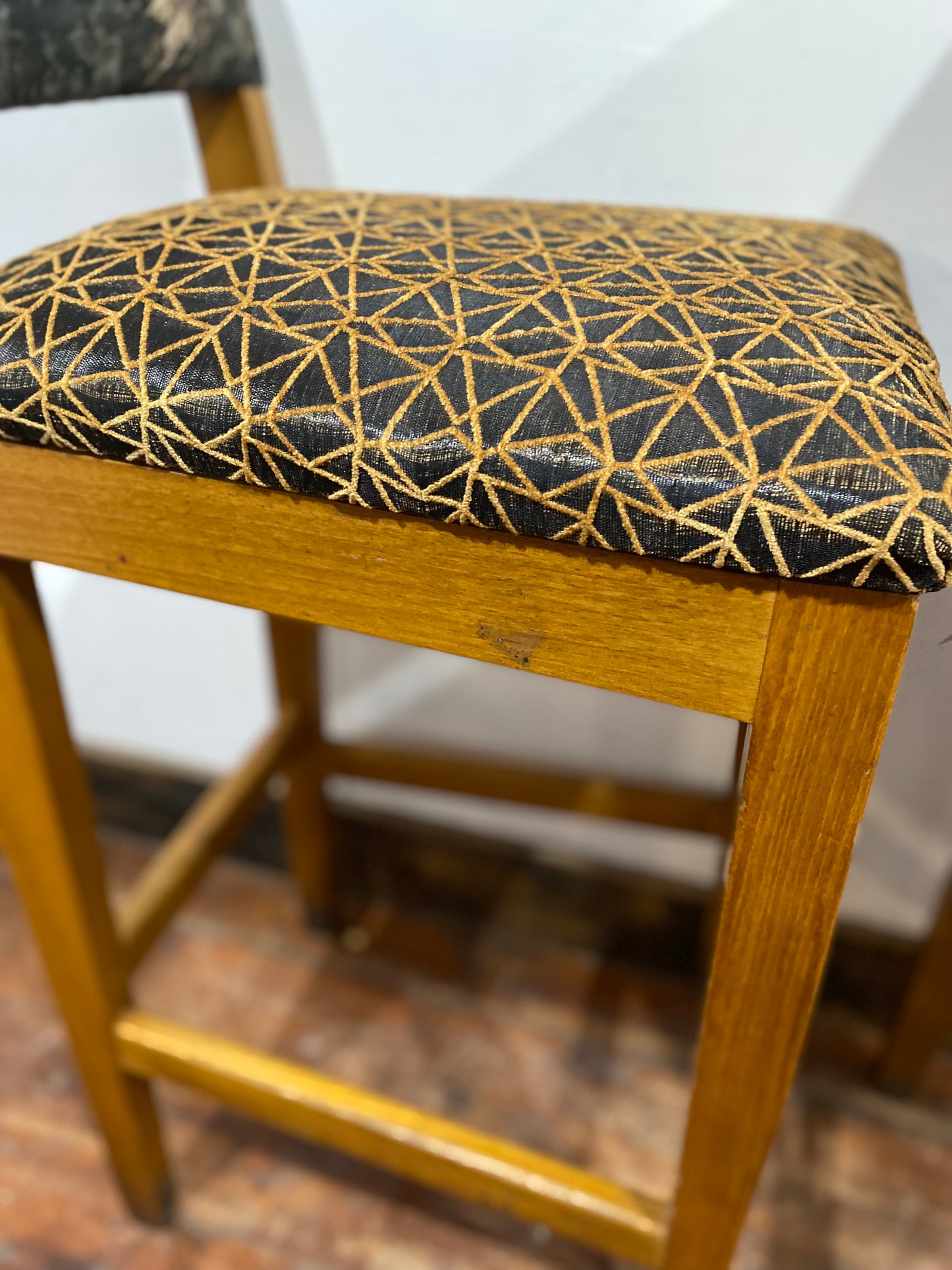 2 x patterned bar stools in solid wood