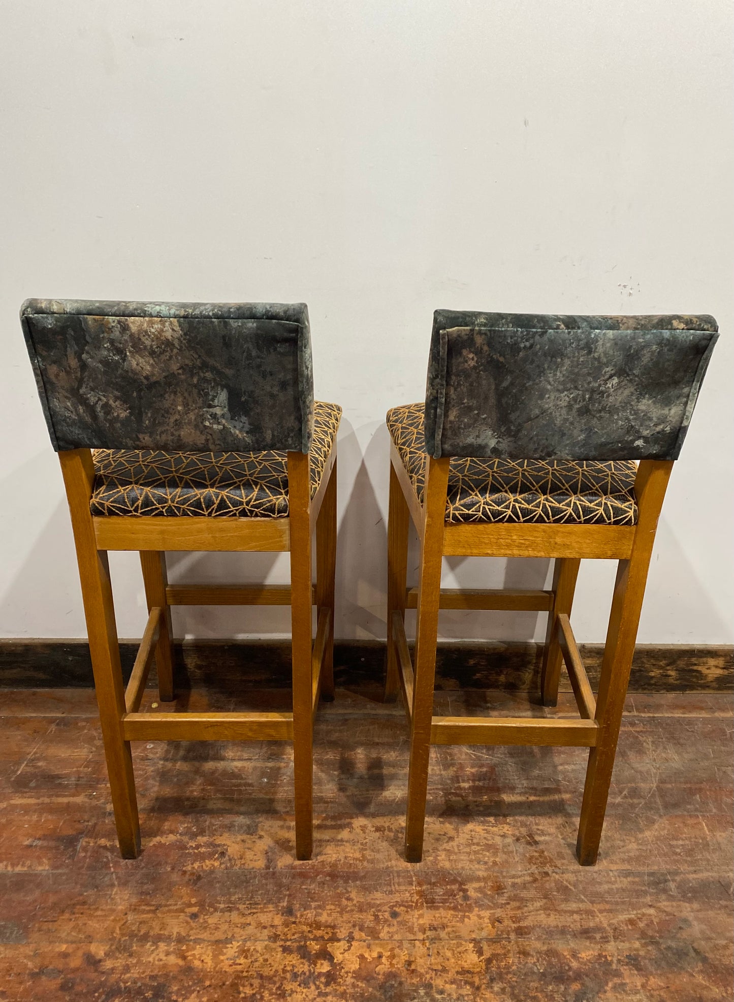 2 x patterned bar stools in solid wood