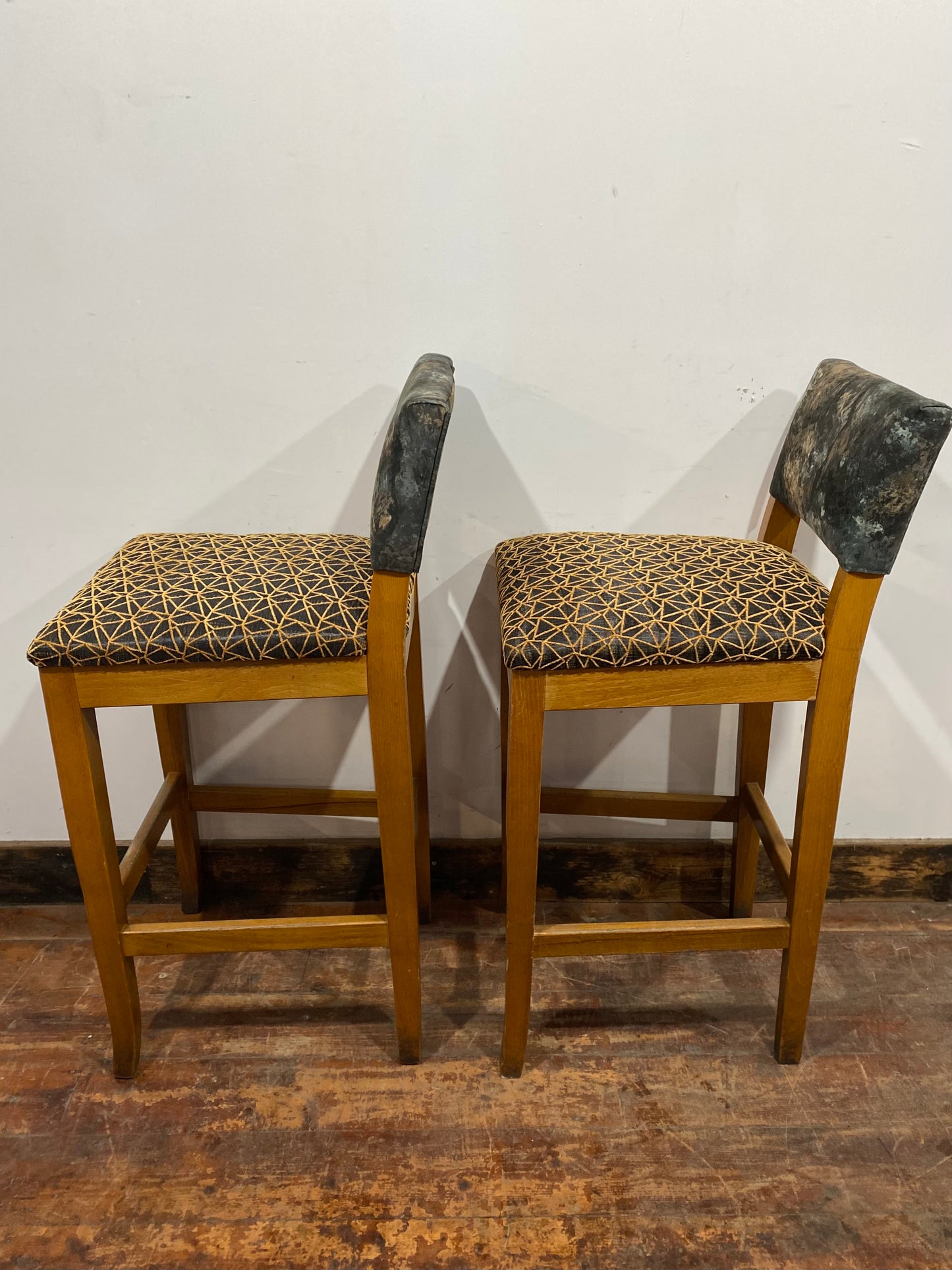 2 x patterned bar stools in solid wood