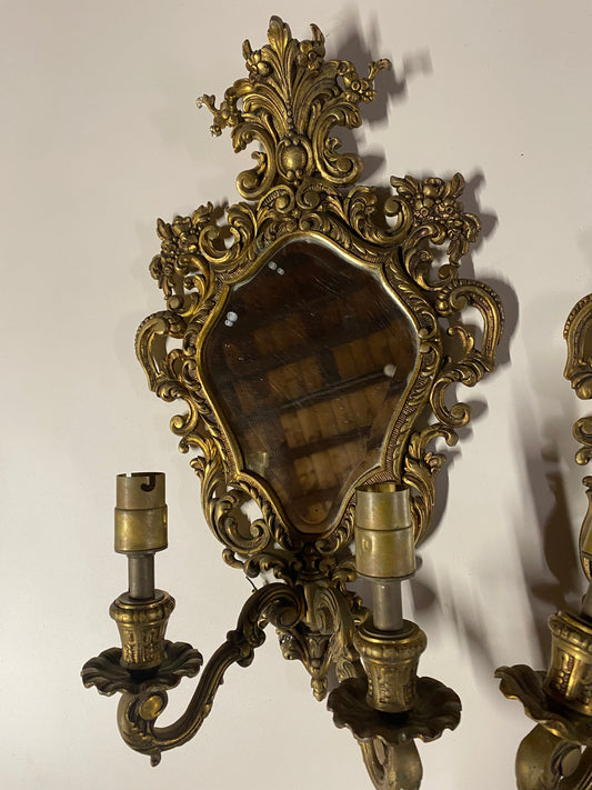 Pair of ornate vintage light fittings with mirrors