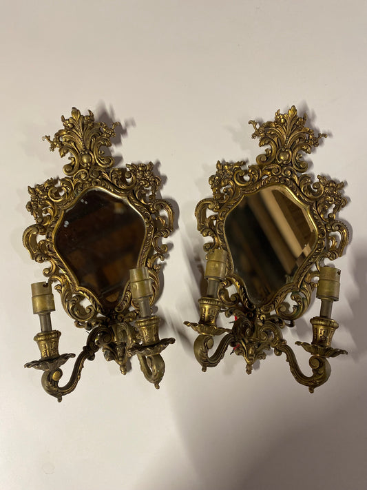 Pair of ornate vintage light fittings with mirrors