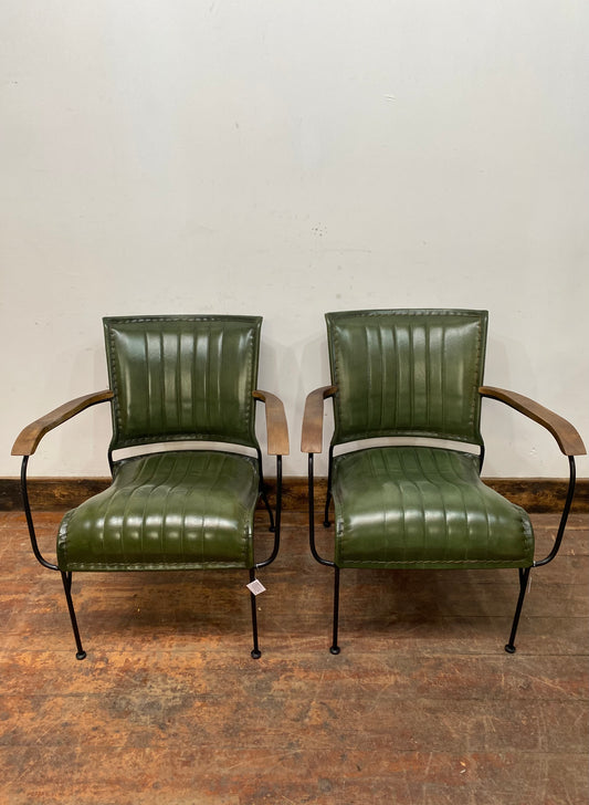 Pair of vintage style reclined leather armchairs (green)