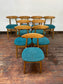 9 curved wooden dining chairs with turquoise seats