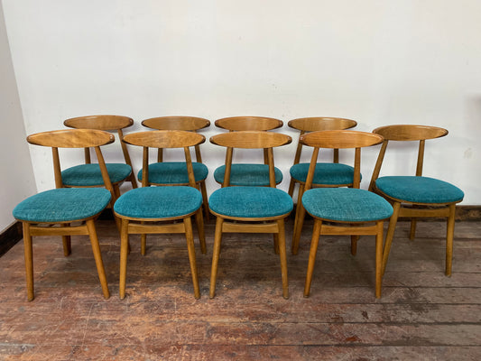 9 curved wooden dining chairs with turquoise seats