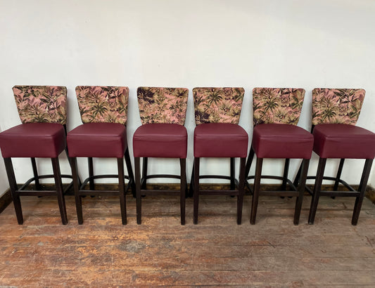 6 bar stools with leatherette pads & patterned backs