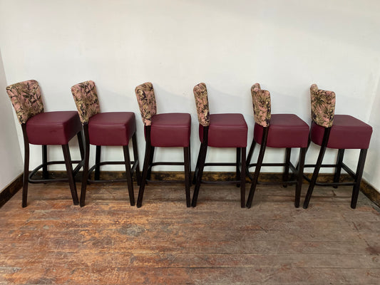 6 bar stools with leatherette pads & patterned backs