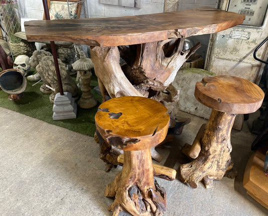 Root wood bar unit & pair of stools