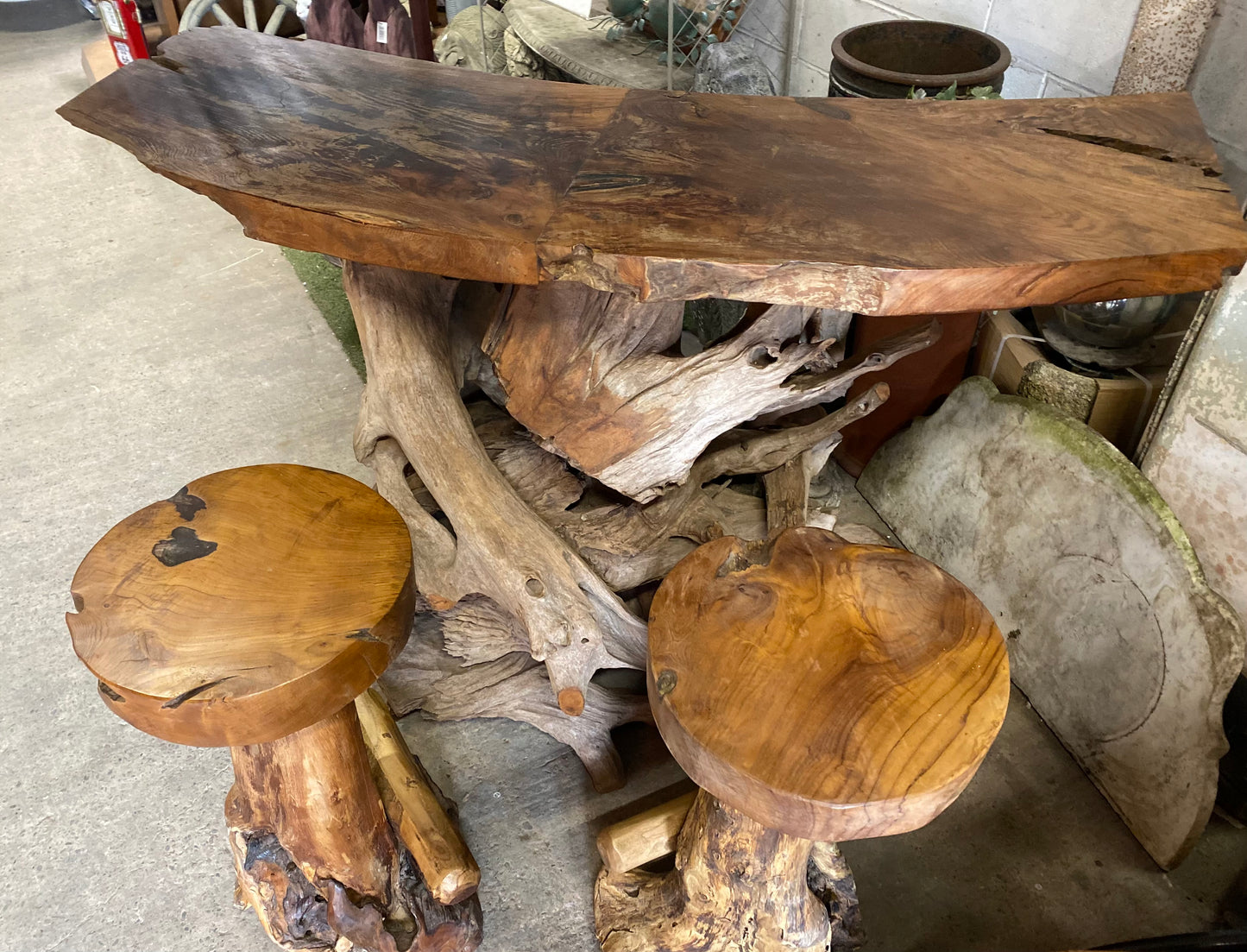 Root wood bar unit & pair of stools