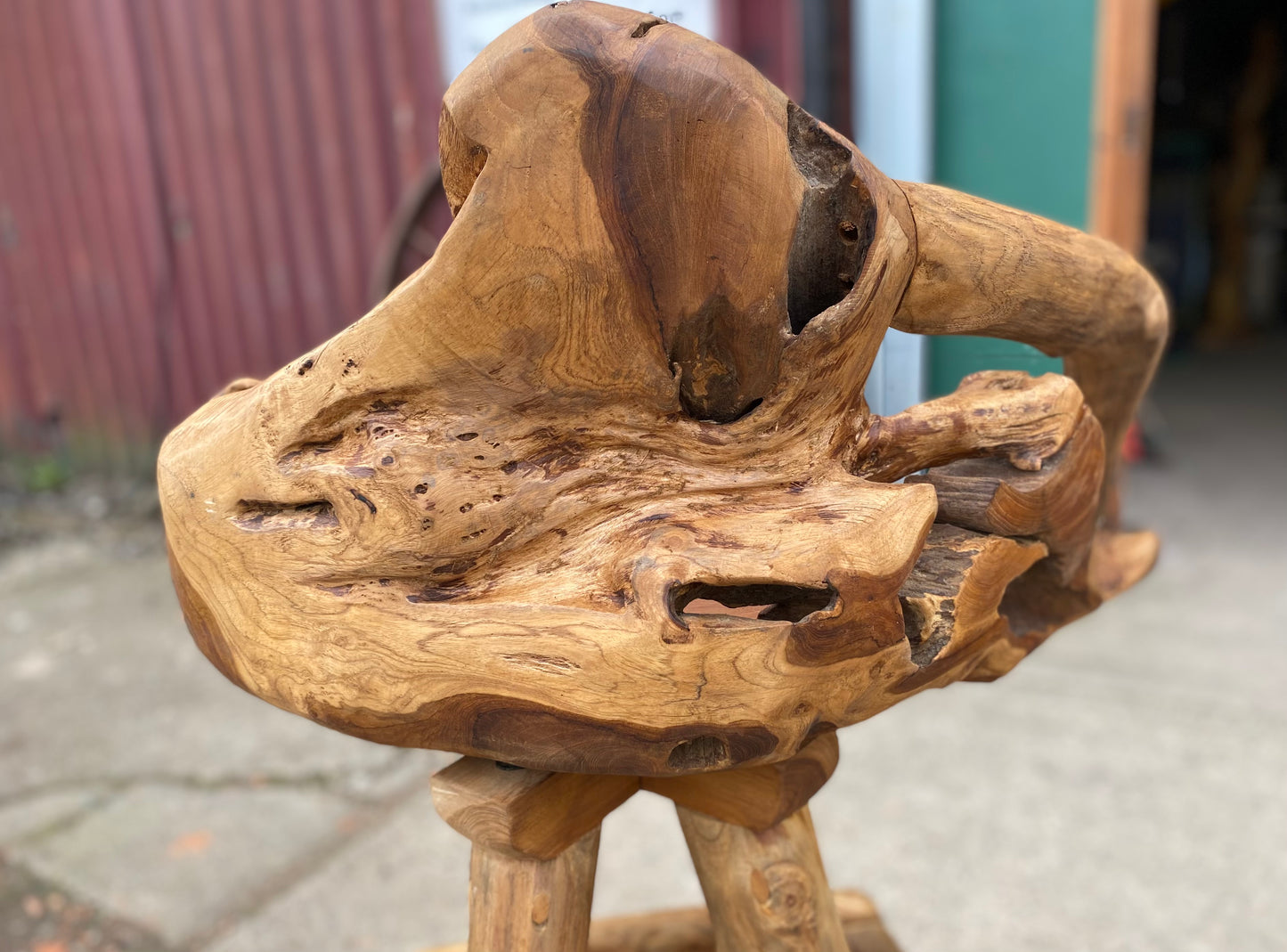 Root wood bar & pair of swivel bar stools