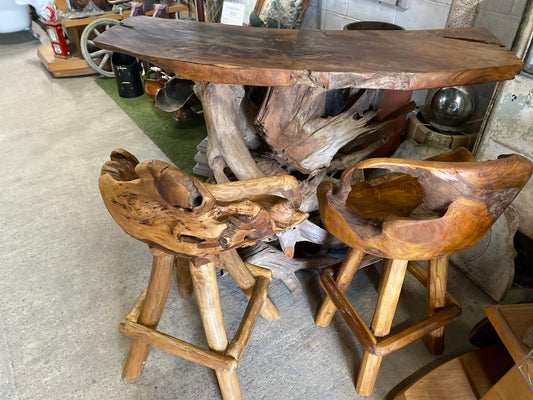 Root wood bar & pair of swivel bar stools