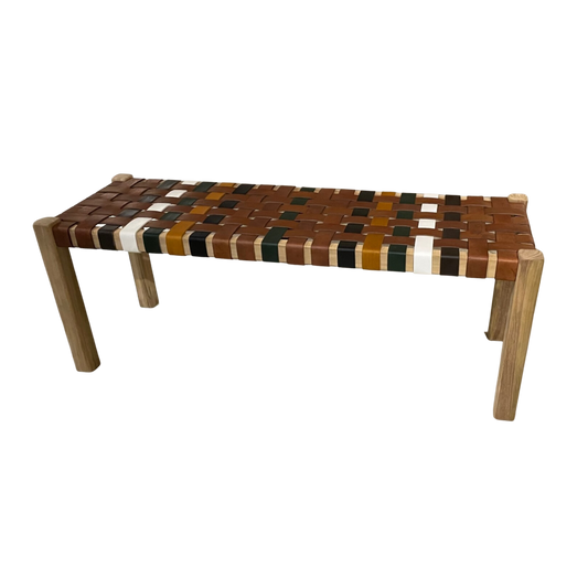 Teak bench with striped leather seat